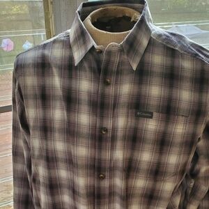 Mens Large Columbia Plaid Cotton Blend LS Shirt. Grey/ Black